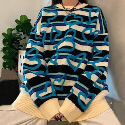 Harajuku y2k Oversized Sweater Elegant girly stripe print Women Knitted Pullover Vintage Long-sleeve love heart sweet Jumper top