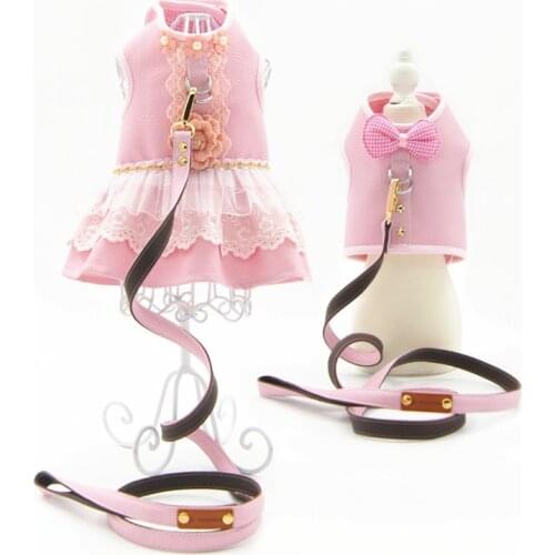 Luxury Dog Dress Harness and Leash Set Leather Fabric Warm Winter Princess Wedding Dog Dresses for Small Dogs Yorkie Costume