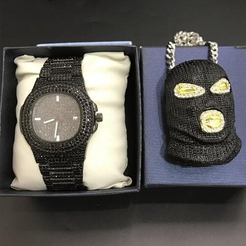 Luxury Men Black Gold Color Watch Hip Hop Men Black Masked Face Necklace Men Watch & Necklace Combo Set Ice Out Cuban