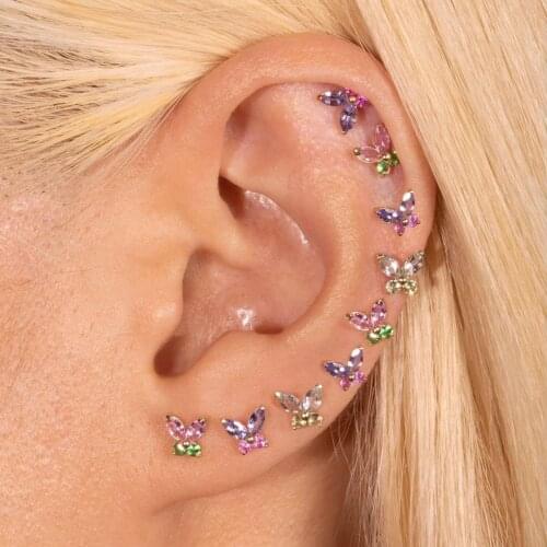 Cute lovely sweet animal design tiny butterfly stud cz purple lavender color gradient NEW silver small butterfly earring 925