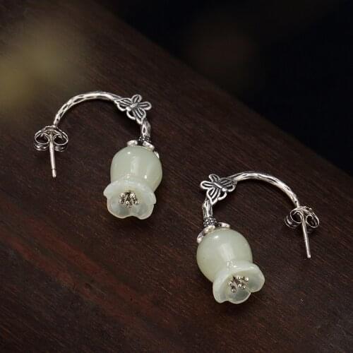 2018 Rushed Real Brinco S925 Pure Antique Mosaic And Tian Yu Jade Bell Orchid Butterfly Lady Ear Pendant Earrings Wholesale