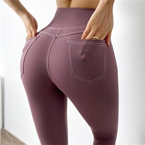 Imitation Denim Pocket Hip Lifting Pants Fitness High Waist Women Running Pants Brushed Naked Sports Legins Female Leggings