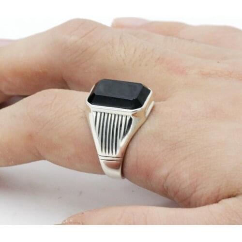 925 Sterling Silver Turkish Black Men Ring with Natural Onyx Stone Geometric Ring for Male Women Thai Silver Jewelry
