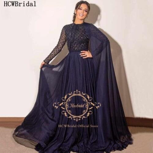 Long Sleeves Navy Blue Saudi Arabic Evening Dress With Cloak Luxury Beading Chiffon Plus Size Prom Formal Dresses Celebrity Gown