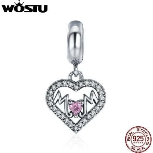 WOSTU High Quality 925 Sterling Silver Mom Heart Dangle Bead Fit Original Charm Bracelet Necklace DIY Jewelry Mother Gift CQC392