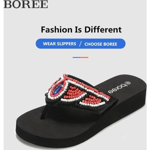 Boree Ethnic Style Flip Flops Women Summer Wedges Platform Shoes Hollowing Out Hand String Bead Beach Slippers EVA femme Sandals