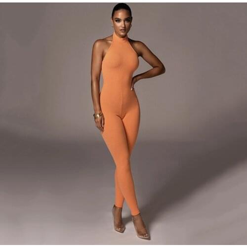 Sleeveless Halterneck Slim-Fit Cotton Solid Color Jumpsuit Women Combinaison Femme