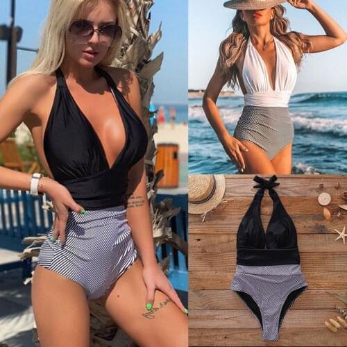 Navy Blue Floral Deep V-neck Halter One-Piece Swimsuit Sexy Backless Lace Up Women Monokini Beach Bathing Suits Swimwear B425