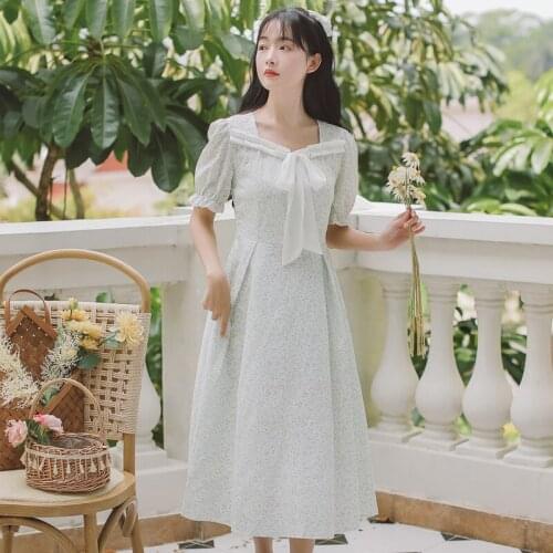 French Temperament Square Neck Bowknot Cute Chiffon Summer Floral Dress Gentle Ladies Sweet Retro Dresses Vestido