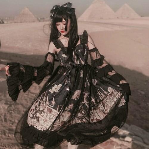 Gothic Lolita Dress Women Vintage Victorian Sleeveless Bow Princess Tea Party Dresses Girls Chic Print Lolita Dress