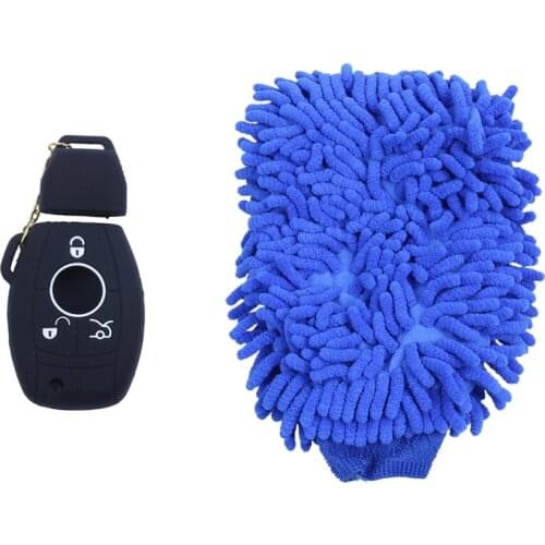 1X Silicone Cover Skin Jacket For MERCEDES BENZ Smart Key & 2X Microfiber Chenille Super Absorbent Wash And Wax Glove