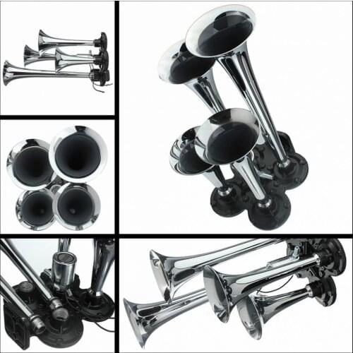 150.2db Silver Chrome Plated Zinc Alloy 4-Trumpet Train Air Horn Kit NEW