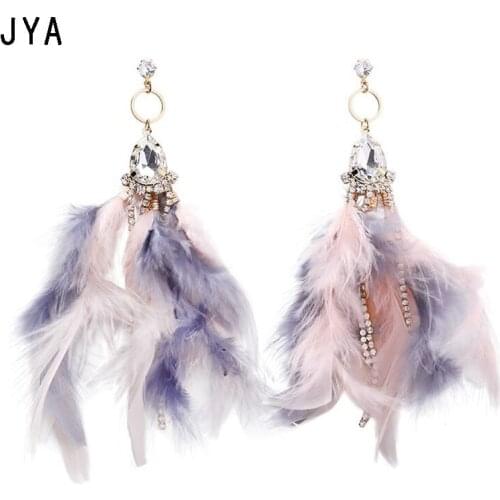 Cpop Long Nature Feather Earrings for Women Geometric Big Rhinestone Statement Earrings Fashion Jewelry Lady Eardrop Winter 2019