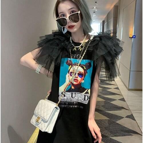 EasyGarment Women Summer Beauty Print Ruffles Lace Sleeve Casual T-shirts Mini Dresses