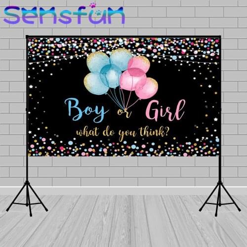 Boy or Girl Balloons Gender Reveal Backdrop Pink or Blue Dots He or She Gold Dots Photography Background Photo Studio Props