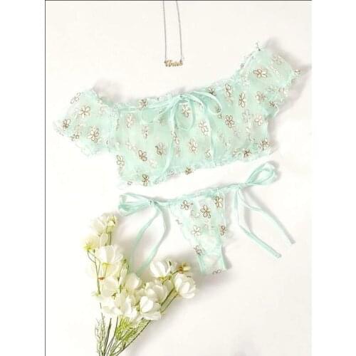 New Bra set Womens Underwear Cute Daisy Embroidery Lingerie set Off-Shoulder Bralette Top+Shorts Transparent Mesh Sexy Lingerie