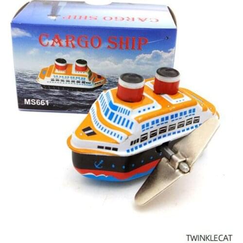 Cruise Ship 7.5cm Retro Clockwork Toy Childhood Winder Cars Vintage Handmade Craft Collection Figure Metal Wind Up Tin Toys