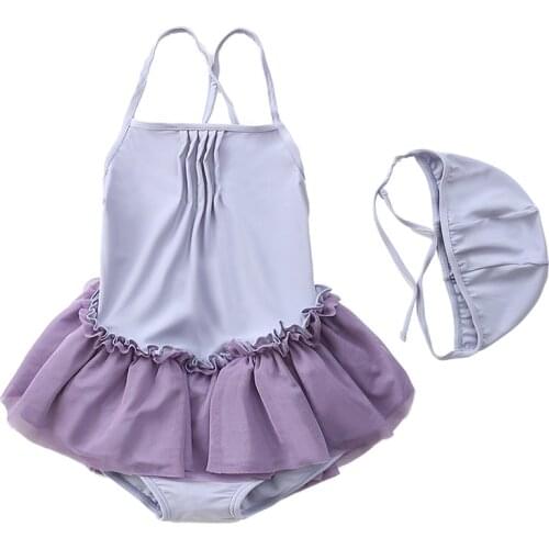 6 Colors Girls Summer Swimsuit Set Backless Sleeveless Tulle Dress Bodysuit and Cap Two-Piece Suit for Vacation Swimming Beach