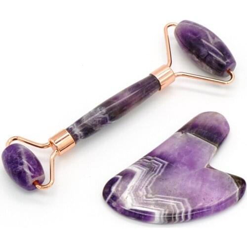 Natural Amethyst Massage Roller Gua Sha Board Set Facial Beauty Meridian Massager Jade Roller Heart-shaped Claw Scraping Board