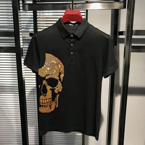 Stretch Mens Lapel Polo Shining Skull Colorful Rhinestone Breathable Short Sleeve Gradient Reflective Personality Shirt