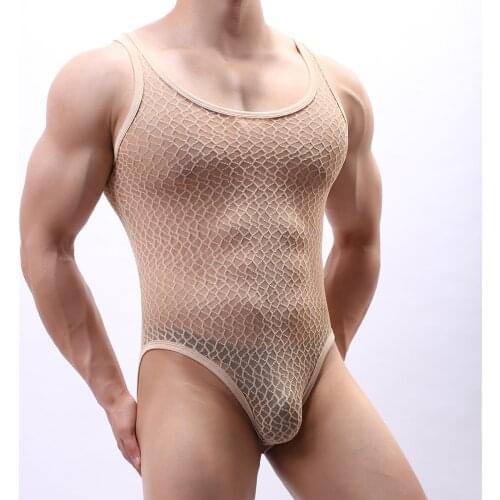 Men Sexy Mesh Bodysuit Wrestling Singlet Fetish Gay Male Jockstrap Underwear Erotic Lingerie Fitness Suit See Through Jumpsuits
