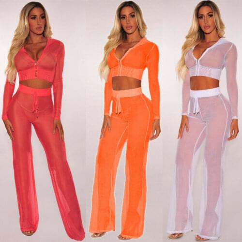 New 2020 Women Mesh Sheer Bikini Cover Up Long Sleeve Crop Short Tops Zipper Hooded Shirt Pants Set Swimwear Beach Wear