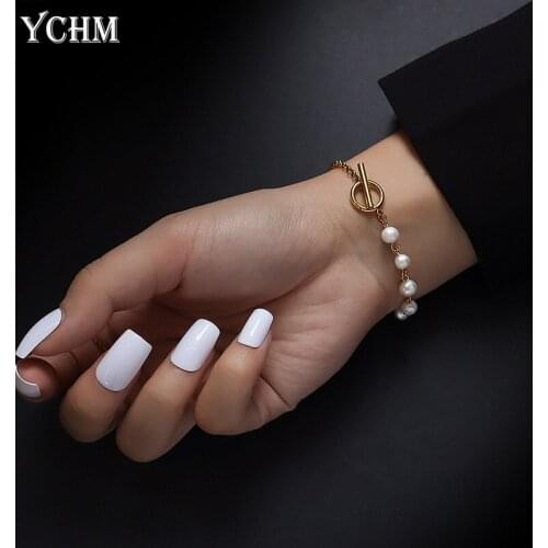 Natural Freshwater Irregular Pearl Bracelet for Women Stainless Steel Toggle Charm Bracelet with Pearl Luxury Jewelry YCHM