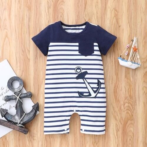 Baby Boy Clothes Baby Boys Romper Cotton Striped Patchwork Pocket Short Sleeve Baby Romper Casual Infant Pajamas Romper 0-18M