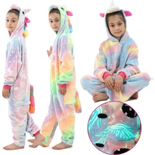 2021 Glow In Dark Kids Kigurumi Anime Unicorn Pajamas Suits For Children Kids Onesie Girl Sleepwear Boy Pijama Dinosaur Overalls