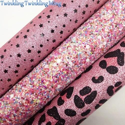 PINK Chunky Glitter Fabric, Leopard Printed Mesh Glitter, Stars Printed Glitter Sheets For Bow A4 21x29CM Twinkling Ming XM022J
