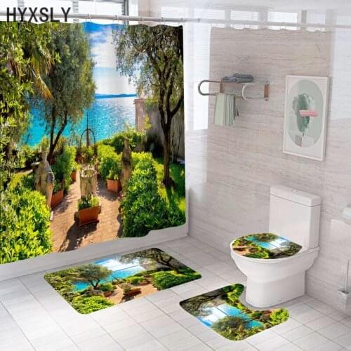 Green Plants Tree Sea Scenery Printed Shower Curtain Bathroom Decor with Mat Set 3pcs 4pcs with Free Hooks Hanging Screen Cover