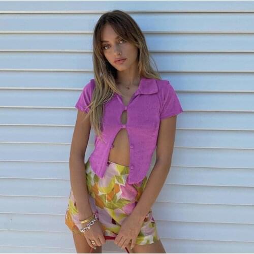Women Summer Crop Tops Vintage Solid Short Sleeve Lapel Button Down Cardigan Ladies y2k Tops Streetwear Casual Cropped T Shirt