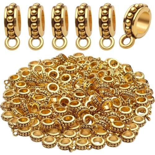 200pcs Tibetan Bails Beads Alloy Tube Bail Beads Spacer Carrier Hanger Connector Links for DIY Jewelry Making, Antique Golden
