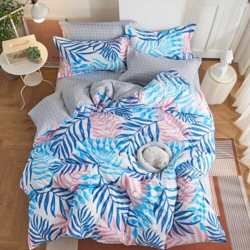 Blue Seaweed Bedding Sets 3/4pcs Gray Grid Aloe Cotton Duvet Cover Hand Drawn Coral Seaweed Style Pattern with Pillowcase