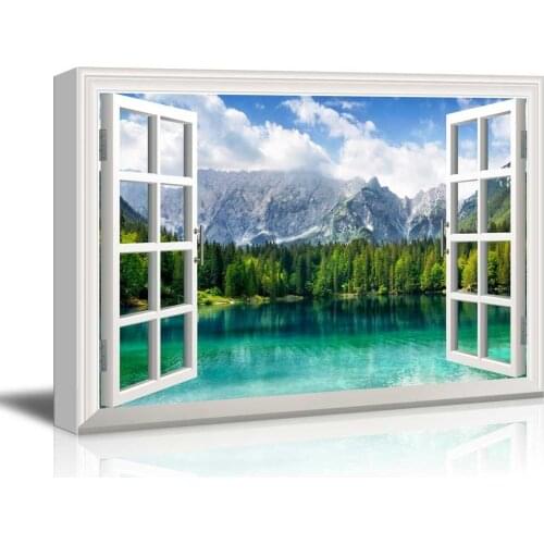 Diamond painting Cross Stitch,Diamond Embroidery,Window Landscape with Lake and Trees in Mountain picture wedding decoration