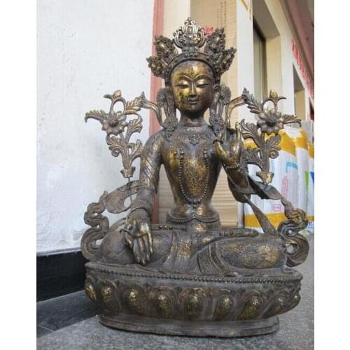 Bi002215 29"Tibet Buddhism Temple classical Bronze Gild White TaRa Kwan-Yin Buddha Statue