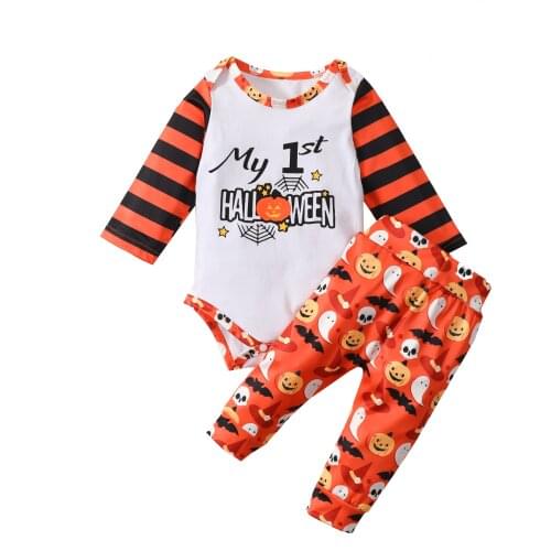 Toddler Baby Girls Boys My First Halloween Romper + Pants, Horizontal Stripes Pumpkin Print Spring Clothing 2021 New Fashion