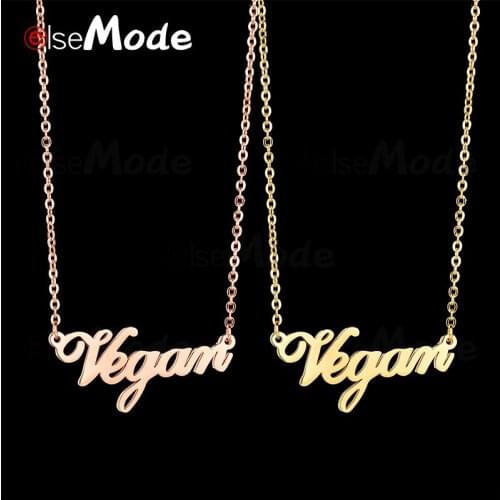 ELSEMODE Vegan letters Pendant Necklace Rose Gold 316L Stainless Steel Vegetarian Symbol Jewelry for Vegetarian Women