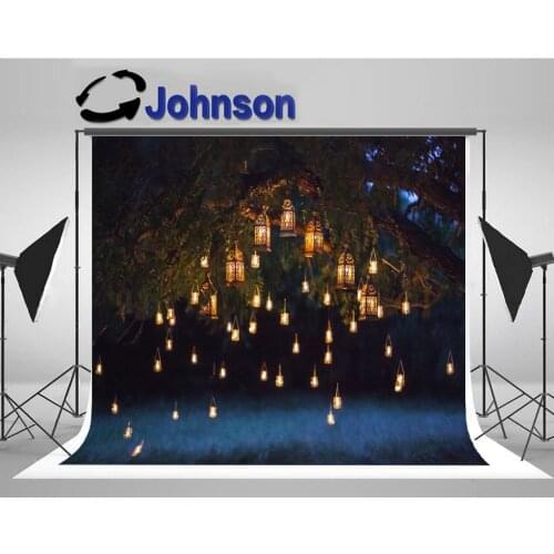 Garden Night Wedding Ceremony Vintage Lamps Candles Big Tree background Computer print wedding backdrops
