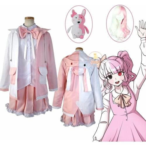 Danganronpa Monomi Usami Pink Cosplay Costume Long Wig Bear Toy Mascot Rabbit Girl School Uniform White Suit Jacket Skirt Set