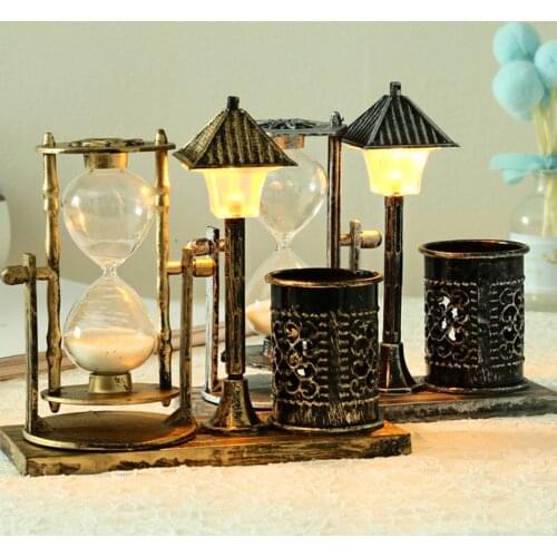 Creative Antique Quicksand Street Lamp Hourglass Pen Holder Original Decoration Sand Clock Timers Penholder Student