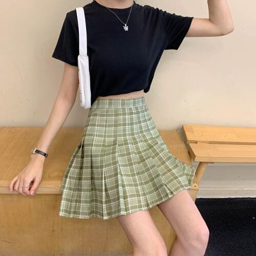 Summer Women Skirts High Waist Korean Pleated Skirts Cute Sweet Ladies Girls Plaid A-Line Mini Skirt Harajuku Uniform Skirts