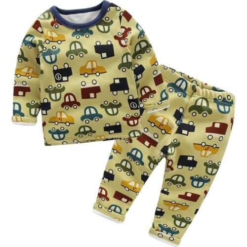 Hot Winter brand girls boys Pajamas sets thick Keep warm Plus velvet cartoon car baby Pyjamas kid clothes sleepwear Leisure wear