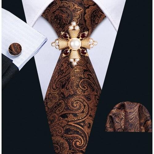 Barry.Wang Men Silk Necktie Gold Paisley Tie Set Handkerchief Cufflinks Brooch Set Floral Yellow Neck Tie Woven Designer Suit