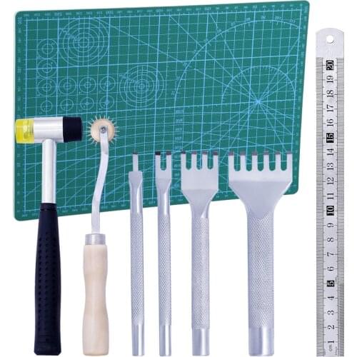 LMDZ Leather Hole Puntools Set Silver Stainless Steel Puncher A4 Cutting Mat Rubber Hammer and Stitching Groover Steel Ruler