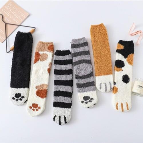 Socks Women Fashion Lovely Cartoon Cat Print Claw Coral Thickening Fuzzy Middle Funny Autumn Winter Warm Socks Plush coral Cat