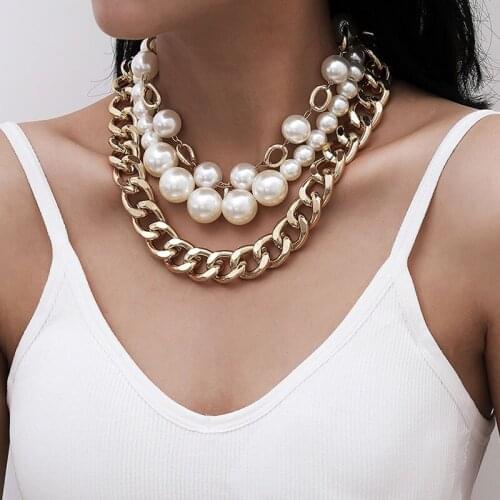Punk Exaggerated Chunky Thick Chains Pearl Choker Necklace Women Vintage Multilayer Geometric Statement Necklaces Jewelry
