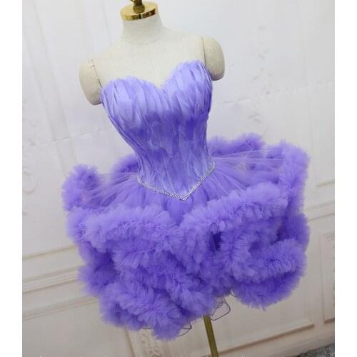 Fancy Feathers Short Prom Dresses Strapless Lace-up Back Lavender Ball Gown Layers Party Dress Short Dresses Beaded Waist
