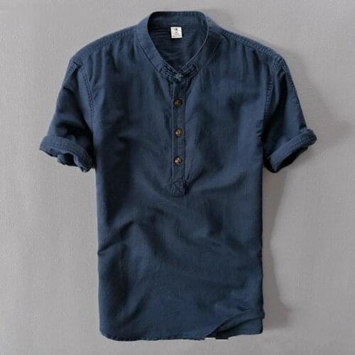 Men Casual Cotton Linen Shirts Summer Brand Short Sleeve Shirt Mandarin Collar Solid Color Retro Shirt Tees