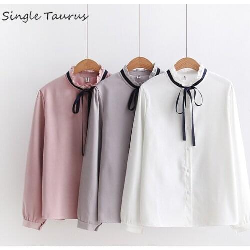 Spring and autumn shirts women preppy style causal bow collar girls tops white pink black bluzki damskie Korean shirt coat 2019